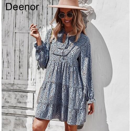Deenor Spring Long Sleeve Midi Dress Women Leopard Print Chiffon Elegant Long Lantern Sleeve A-line Dress Office Lady