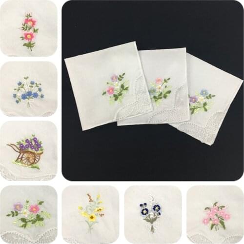12Set of Cotton Flower Handkerchiefs Embroidered Hankie Handkerchiefs Towel