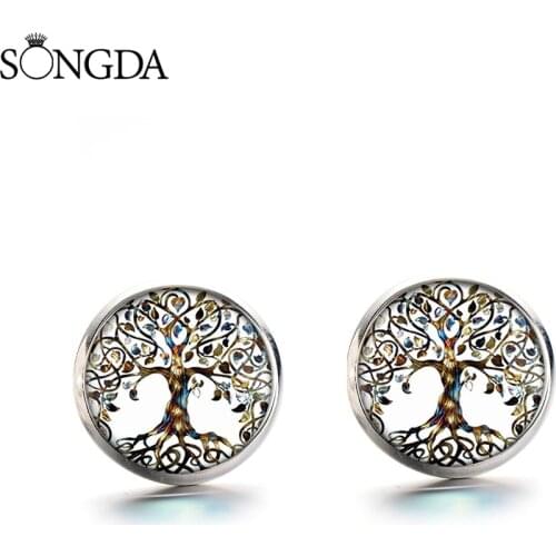 2019 Fashion Tree of Life Stud Earrings Handmade Plant Art Photo Glass Cabochon Earring Lucky Jewelry for Women Daily Use