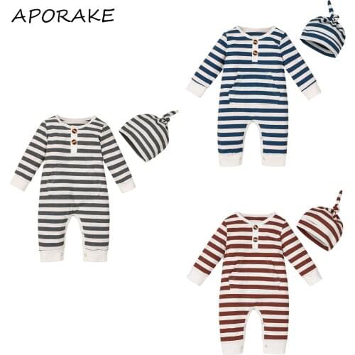 2020 0-24M Newborn Baby Boy Girl Fall Romper+Hat 2pcs Striped Print Button Pocket Long Sleeve Jumpsuit One Piece Outfit