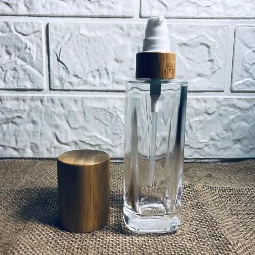 75ml square clear Glass lotion bottle with bamboo wood lid essential oil container cosmetic Oil vial Transparent Dropper Bottle