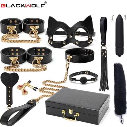 BDSM Bondage Kits Genuine Leather Restraint Set Handcuffs Collar Gag Tail Plug Vibrators Sex Toys For Women Couples Adult Games