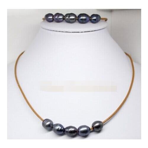 Free shipping $wholesale_jewelry_wig$ set real black pearl stone handmade brown leather bracelet pendant necklace 18"