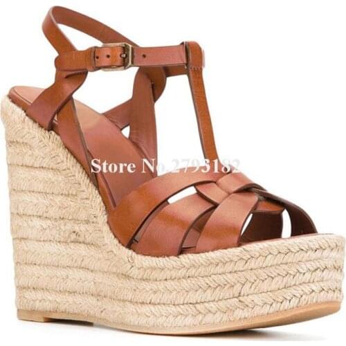 Women Fashion Leather High Platform Wedge Sandals Brown White Black Height Increasing Wedges Big Size Party Dress Shoes