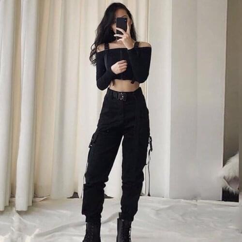Black High Waist Cargo Pants Women Pockets Patchwork Loose Streetwear Pencil Pants 2019 Fashion Hip Hop Womens Trousers