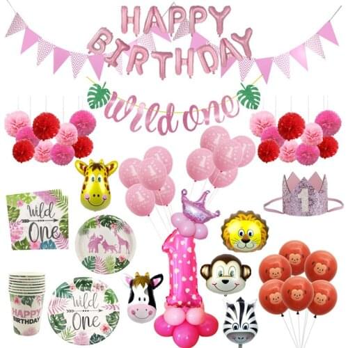 Chicinlife Wild One Banner Disposable Tableware Jungle Animal Balloon Cupcake Toppers Girl 1st Birthday Party Decor Supplies