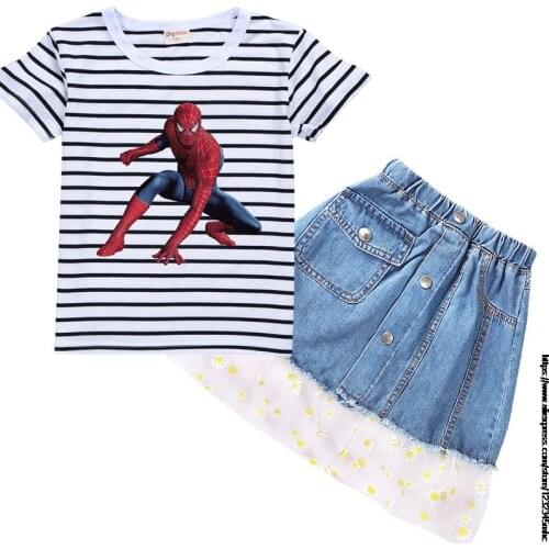Disney Print Striped T-shirt +Denim Mini Skirts for Girls Summer SpiderMan Children Clothing Fashion Baby Girl Trumpet Skirt Set