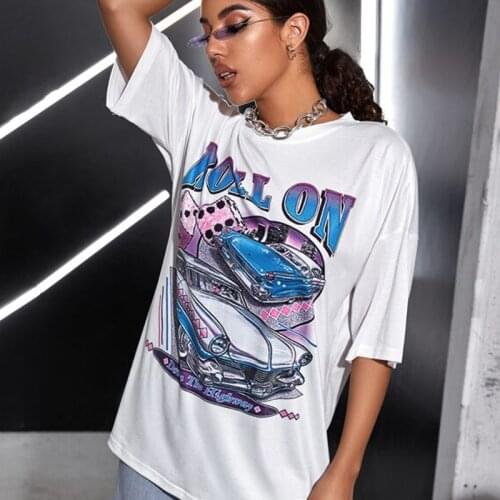 Womens T-shirt Harajuku Streetwear Tops Roll Letter Print Tshirt Oversized T Shirt Casual Short Sleeve T-shirt Female Clothing