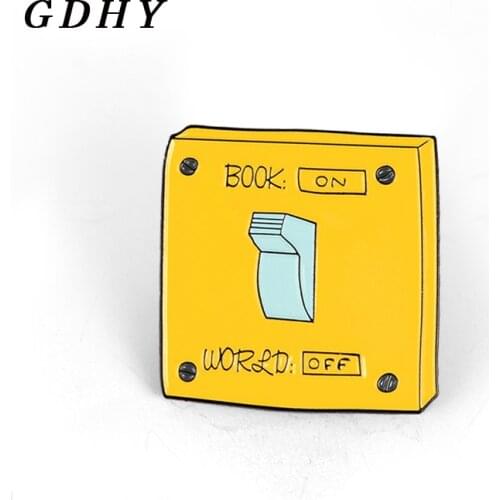 GDHY On / Off BOOK WORLD Brooch Power Switch Turn yellow Square Cartoon Badges Pins Jewelry Enamel Pin Backpack Bag Gift