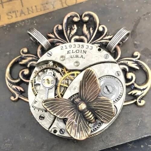 Unisex Steampunk Pendant Metal Alloy Necklace Brown Butterfly Insect with Mechanical Gears Wings DIY Women Men Round Jewelry