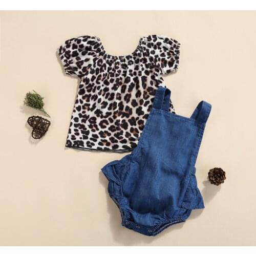 FOCUSNORM 0-24M Summer 2pcs Baby Girls Clothes Sets Ruffles Short Sleeve Leopard Printed T Shirts+Solid Color Suspender Romper