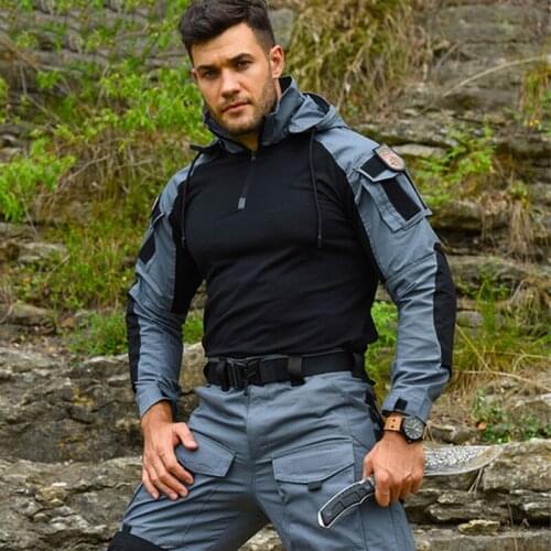 Men Outdoor Camouflage Military Tactical Frog Shirt Sets Breathable Wear-resistance Climbing Training Shooting Hooded Tops Pants