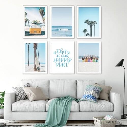 Seaside Vehicle Beach Palm Tree Surf Wall Art Print Canvas Painting Nordic Landscape Poster Pictures for Living Room Home Decor