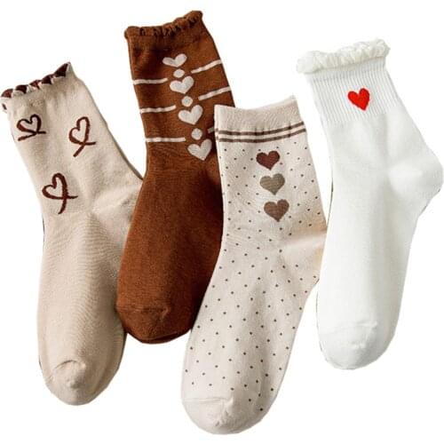 Socks Women Summer Love Heart Striped Ruffle Japanese Harajuku Pure Cotton Cute Soft Girl Breathable Sweat-absorbent Calcetines