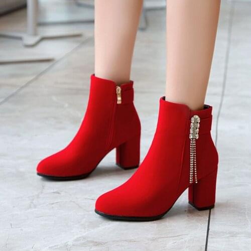 NEW hot Women Zipper Boots Comfortable high Heel Ankle Boots Fashion Warm Winter Shoes Black Red Rhinestone tassel Womens Boots