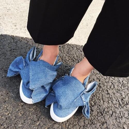 Autumn beautiful Solid Color Denim Cloth Big Bow Tie Flat Bottom Casual Shoes New Women Travel Gym Shoes