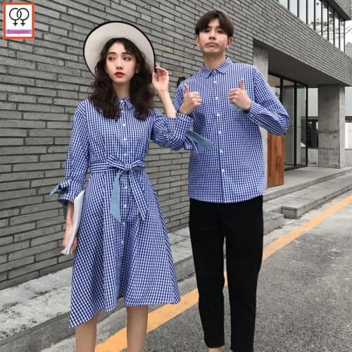 Matching Couple Clothes Lovers Outfits Valentines Days Pink Cute Holiday Honeymoon Casual Blue Stripe Shirt Dress
