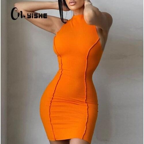 CNYISHE Sleeveless Casual Fashion Mini Dresses Skinny Summer O-neck Women Bodycon Neon Orange Dress Streetwear Vestidos Robes