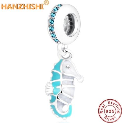Fit Original Pandora Bracelet Necklace DIY Jewelry 925 Sterling Silver Animal Beads Blue Enamel Tropical Seahorse Pendant Charm