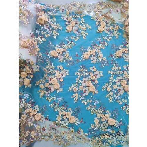 Luxury french lace fabric yellow 3D flower Lace Fabric African Beads Sequins Embroidery Tulle Mesh Lace Fabric For Wedding dress