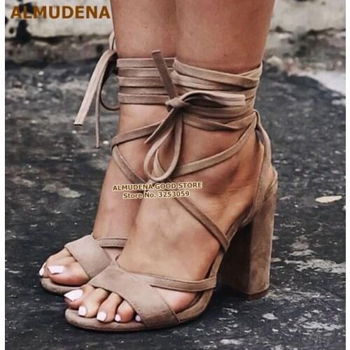 ALMUDENA Apricot Purple Suede Chunky Heel Lace-up Sandals Cross Strappy Dress Shoes Cross Tie Gladiator Pumps Nightclub Shoes