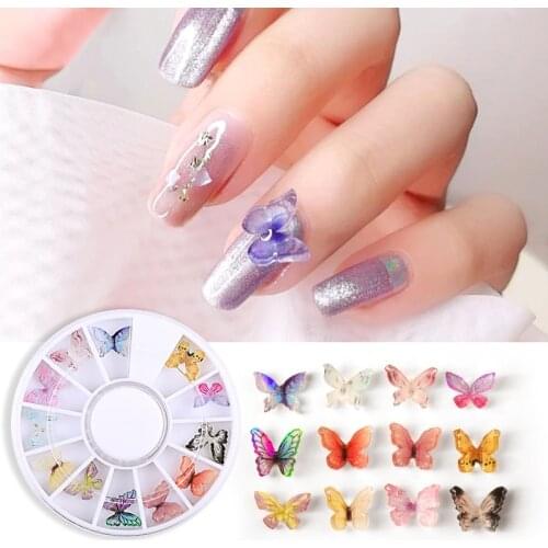 12pcs/wheel 3D Resin Colorful Butterfly Charm Nail Art Rhinestones Decoration Pixie Ornaments Japanese DIY Manicure Accessories