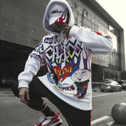 Hip Hop Streetwear Graffiti Printed Sweatshirt Jackets Men Autumn and Winter Plus Fleece Warm Hooded Hoodies Pullover Outerwear