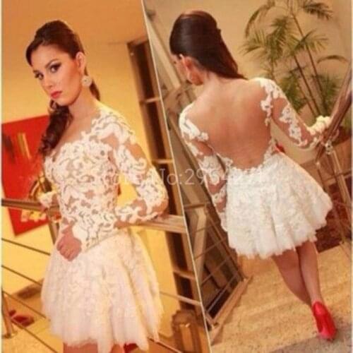 Junior 8th Grade Party Dresses Cute White Short Prom Dresses Cheap A Line Long Sleeves Lace Sheer Back Short Homecoming Dress