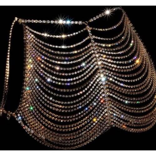Glamorous Woman Sexy Full Rhinestone Shining Long skirt Mini Wavy Fashion Hip jewelry Waist chain Rave Party Body jewelry chain