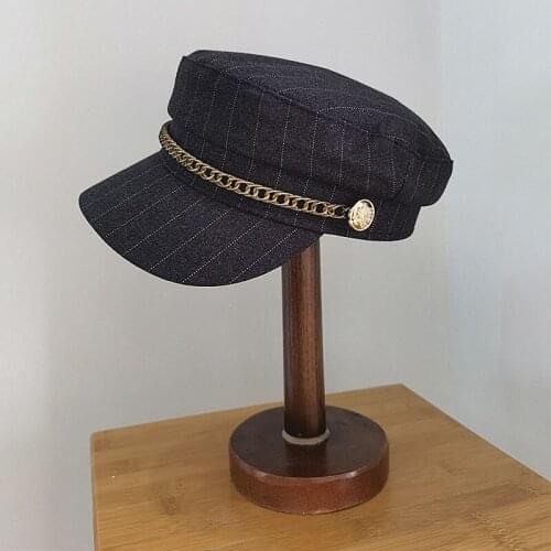 Womens Hat Unisex Gold Chain Decoration Military Cap Newsboy Hat Stripes Autumn Winter Cap Flat Top Young Student Hat Female