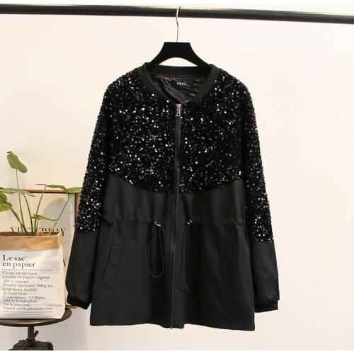 Spring 2021 Womens Jacket Oversized Casual Clothes Female Coats Sequined Splice Drawstring Waist Outerwear Chaquetas Para Mujer