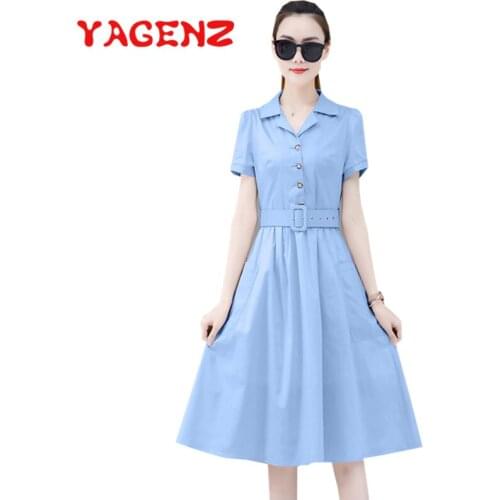 YAGENZ Summer Dress Women Clothes Vestidos De Verano Single breasted With Belt Dresses For Women Fashion Temperament Dress 734