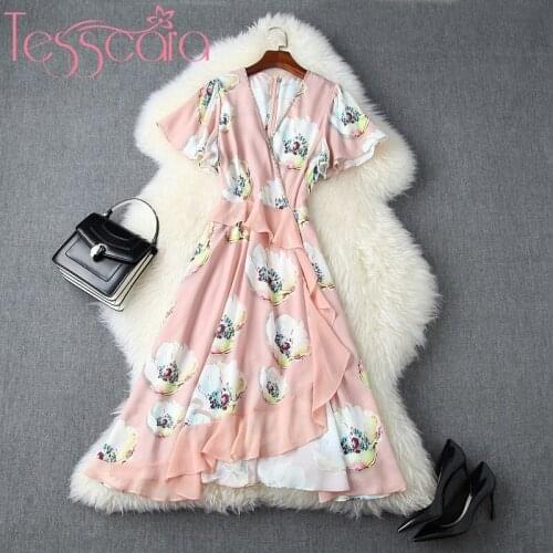 TESSCARA Women Runway Designer Elegant Beading V-neck Dress Festa High Quality Asymmetrical Party Robe Femme Chiffon Vestidos