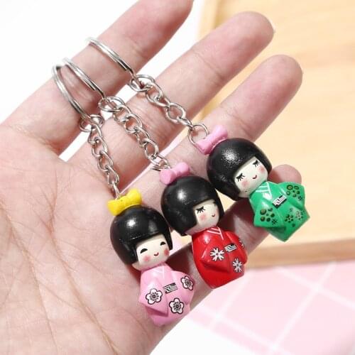 24 pcs/Lot Japanese KOKESHI Doll Key chain Metal Key Ring Charms Party Gifts