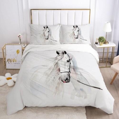 3D Bedding Sets Duvet Quilt Cover Set Comforter Pillowcase Bed Linen King Queen Full Single Size White Animal Horse Home Texitle