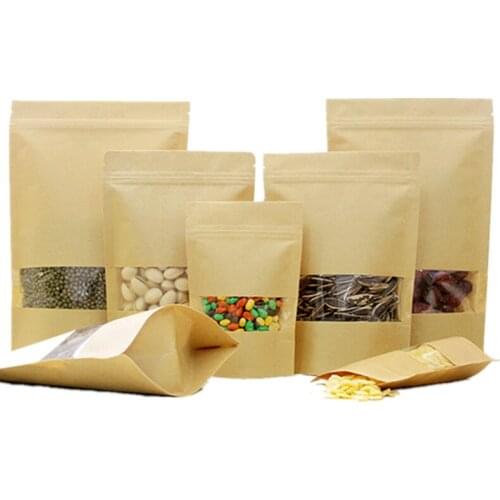 High Quality 5Pcs/lot Kraft Paper Bag Window Zip lock Empty Dried Food Fruit Tea Gift package Self Sealing Zipper Stand up Bags
