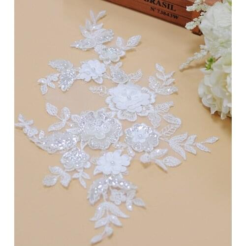 5PCS Packed 3D Flower Lace Applique Patches with Beads Sequin lace Trim Appliques Sewing on DIY Bridal Wedding Dress