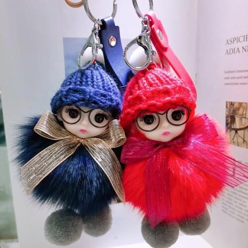 Cute Big Eyed Doll Pompom Keychain Real Fox Fur Pendant For Women Bag Car Key Ring Phone Fine Jewelry Accessories Kids Girl Gift