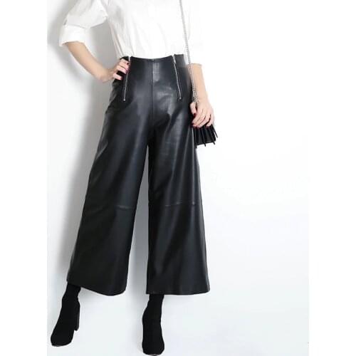 Spring Autumn OL elegant Leather Wide-leg pants High quality Sheepskin Genuine leather Ninth pants C637