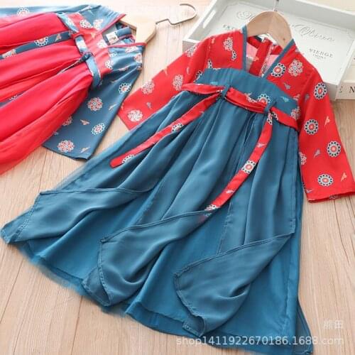 Girls' Hanfu Long Sleeve V-neck Improved Hanfu Childrens Princess Dress Fashion Contrast Color Girls Clothes Cheap Wholesale