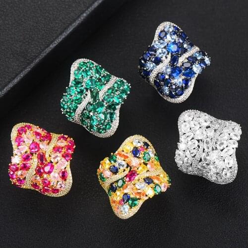 Blachette Trendy Statement Charm Big Shiny Rings with Full Zirconia Stones for Women Engagement Party Daily Jewelry Top Quality