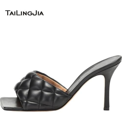 Padded Quilted Leather Sandals Square Toe Mules 2020 Womens High Heels Latest Stylish Ladies Summer Shoes Heeled Slippers Slides