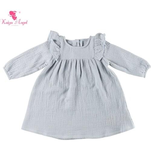 Kaiya Angel 2019 New Baby Girl Dress Gray Long Sleeve and Knee Kids Clothes Simple Style Ruched 5pcs/lot Factory Wholesale