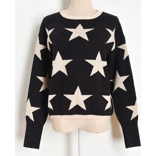 Autumn Winter Womens Black Knit Sweater O-Neck Apricot Star Pullover Knitting Sweaters Warm Long Sleeve Casual Jumper Female