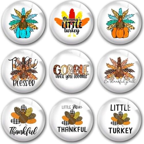 Handmade Thanksgiving Turkey Thankful Gobble Round Photo Glass Cabochons Demo Flat Back DIY Jewlery Making Findings Accessory