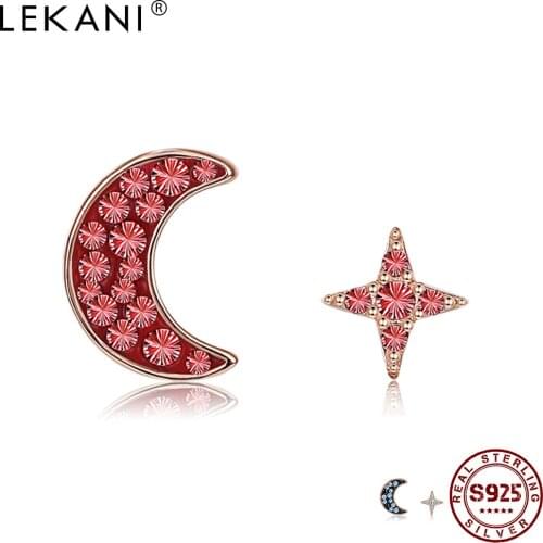 LEKANI 925 Sterling Silver Earring For Women Sparkling Star Moon Asymmetry Colorful Cubic Zircon Stud Small Earrings Jewelry