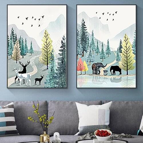 Nordic Refresh Animals Deer Elephant Canvas Paintings Landscape Poster Print Wall Art Pictures Kids' Rooms Living Room Decor