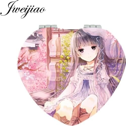JWEIJIAO Lovely Girl Cartoon Game Moive Photo Makeup Mirror Heart Shaped Folding Mini Pocket Hand Mirror 1X/2X Magnifying