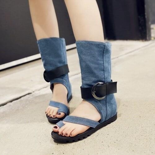 Womens Sandals Cowboy Ankle Belt Buckle Summer Gladiator Thong Toe Denim Jeans Slingbacks Shoes Plus Size 3Colors G13