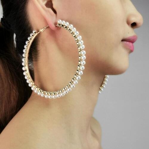 90mm Diameter Imitation Pearl Big Hoop Earrings For Women Statement Earrings Brincos Wedding Jewelry UKMOC